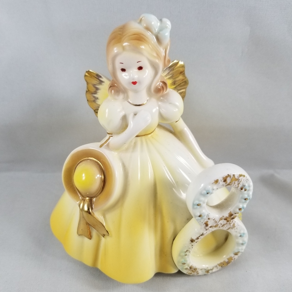 Josef Originals Ceramic Winged Girl Yellow Dress Birthday Age 8 Doll Figurine 5"